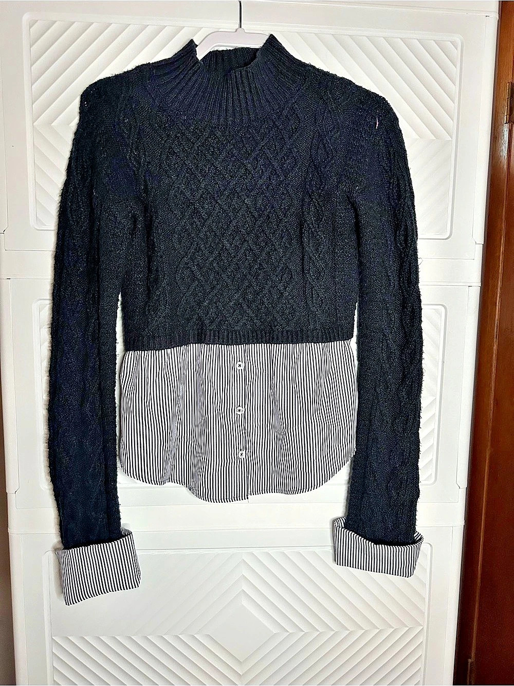 Maeve by Anthropologie Textured Striped Layered Sweater in Navy & White Size XS